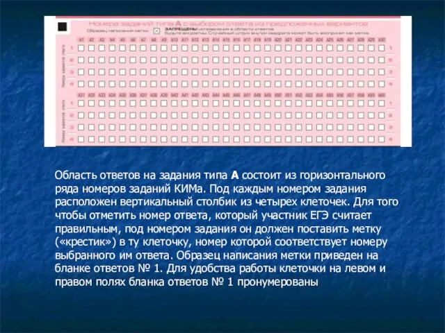 Область ответов на задания типа А состоит из горизонтального ряда номеров заданий