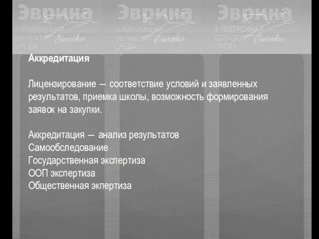 Аккредитация Лицензирование ― соответствие условий и заявленных результатов, приемка школы, возможность формирования