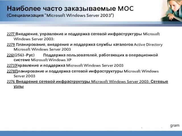 Наиболее часто заказываемые MOC (Специализация "Microsoft Windows Server 2003”) 2277 Внедрение, управление