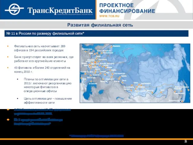 Развитая филиальная сеть * Источник: РБК.Рейтинг на 01.01.2011 Филиальная сеть насчитывает 289