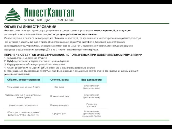 Активы клиента инвестируются упорядоченно в соответствии с условиями инвестиционной декларации, являющейся неотъемлемой