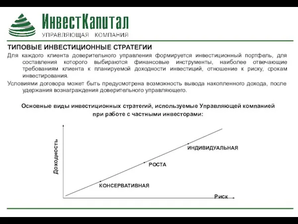 ТИПОВЫЕ ИНВЕСТИЦИОННЫЕ СТРАТЕГИИ Для каждого клиента доверительного управления формируется инвестиционный портфель, для