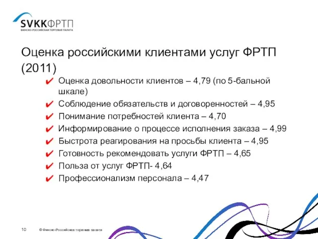 Оценка российскими клиентами услуг ФРТП (2011) Оценка довольности клиентов – 4,79 (по