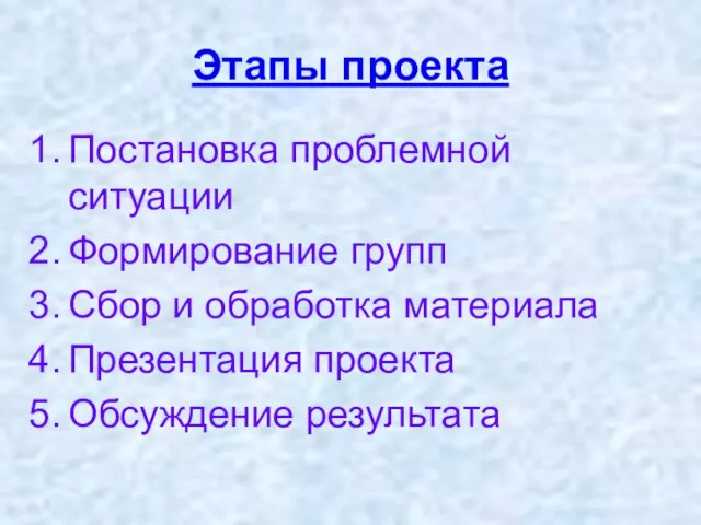 Этапы проекта Постановка проблемной ситуации Формирование групп Сбор и обработка материала Презентация проекта Обсуждение результата