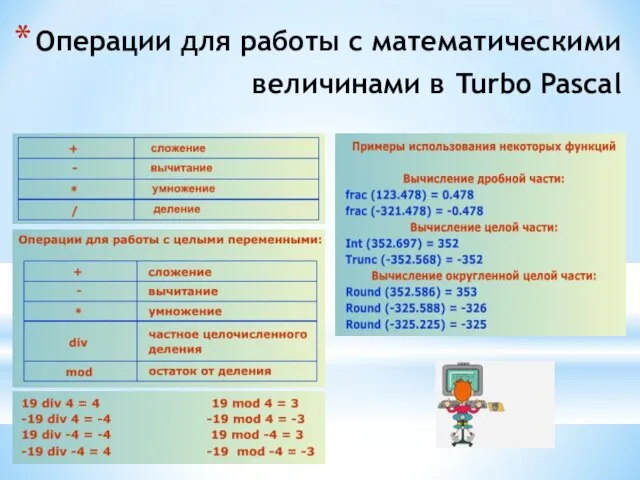 Операции для работы с математическими величинами в Turbo Pascal