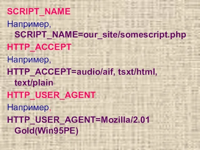 SCRIPT_NAME Например, SCRIPT_NAME=our_site/somescript.php HTTP_ACCEPT Например, HTTP_ACCEPT=audio/aif, tsxt/html, text/plain HTTP_USER_AGENT Например, HTTP_USER_AGENT=Mozilla/2.01 Gold(Win95PE)