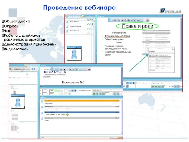 Проведение вебинара Общая доска Опросы Чат Работа с файлами различных форматов Демонстрация приложений Видеозапись