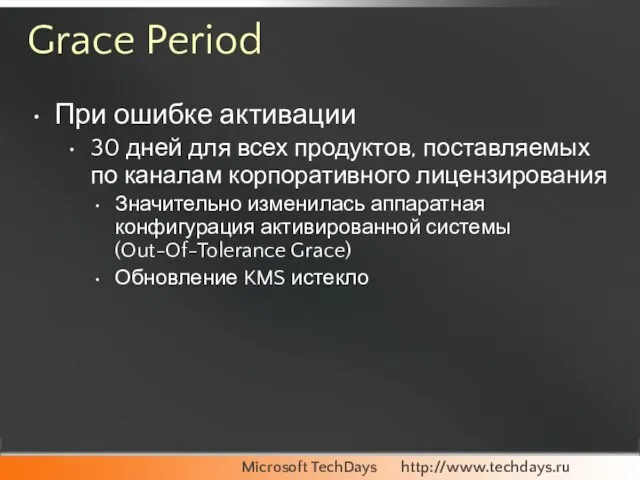 Grace Period При ошибке активации 30 дней для всех продуктов, поставляемых по