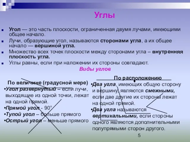 Углы Угол — это часть плоскости, ограниченная двумя лучами, имеющими общее начало.