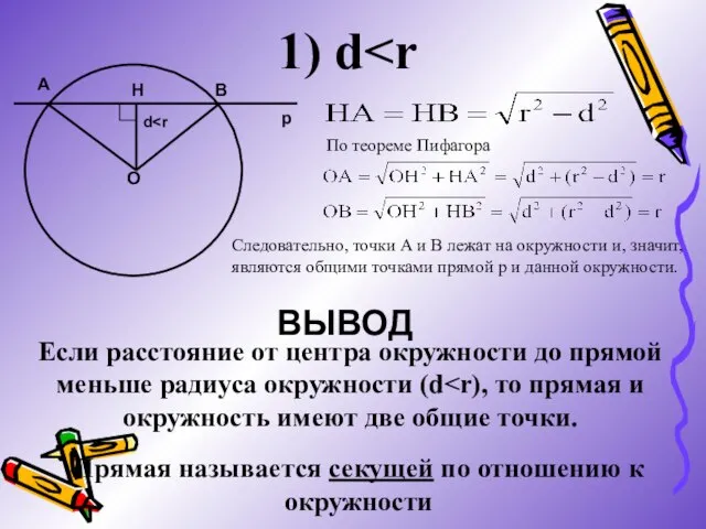 1) d O H A B d p По теореме Пифагора Следовательно,