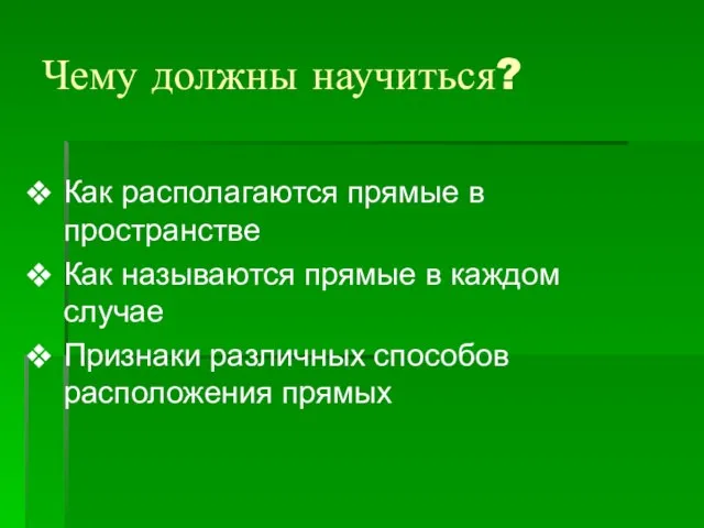 Чему должны научиться? Как располагаются прямые в пространстве Как называются прямые в