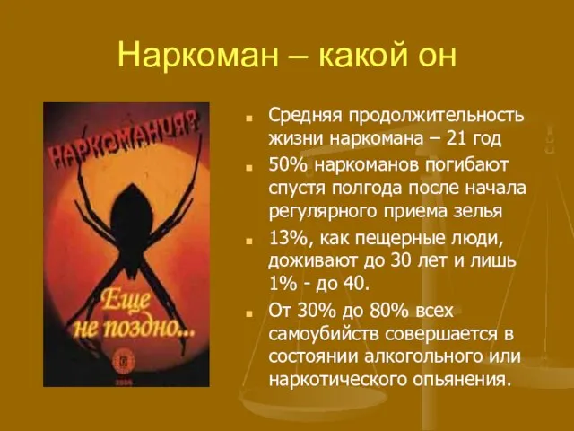 Наркоман – какой он Средняя продолжительность жизни наркомана – 21 год 50%