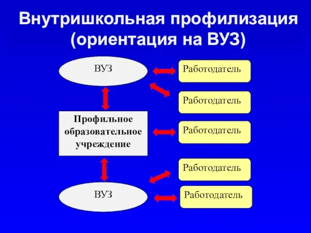 Внутришкольная профилизация (ориентация на ВУЗ) Профильное образовательное учреждение ВУЗ Работодатель ВУЗ Работодатель Работодатель Работодатель Работодатель