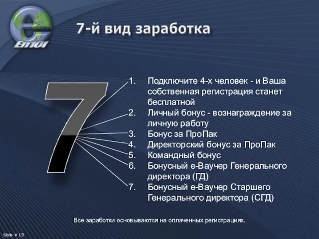 Все заработки основываются на оплаченных регистрациях. Подключите 4-х человек - и Ваша