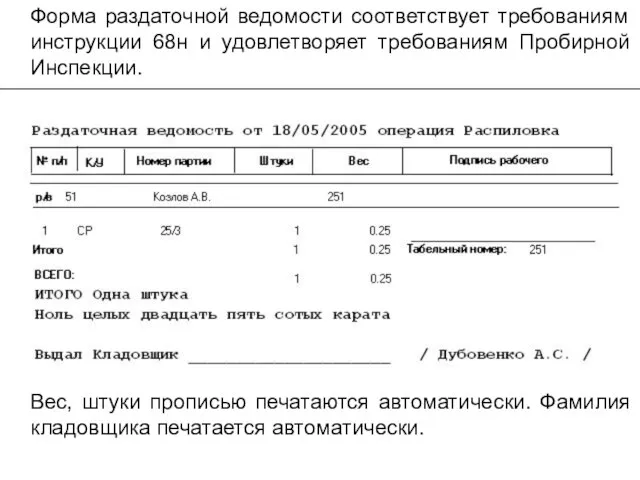 Форма раздаточной ведомости соответствует требованиям инструкции 68н и удовлетворяет требованиям Пробирной Инспекции.