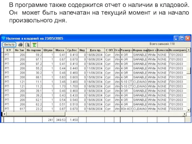 В программе также содержится отчет о наличии в кладовой. Он может быть