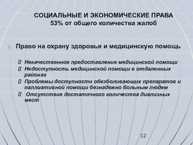 СОЦИАЛЬНЫЕ И ЭКОНОМИЧЕСКИЕ ПРАВА 53% от общего количества жалоб Право на охрану