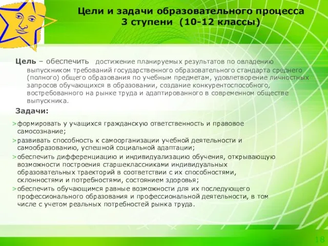 Цели и задачи образовательного процесса 3 ступени (10-12 классы) Цель – обеспечить