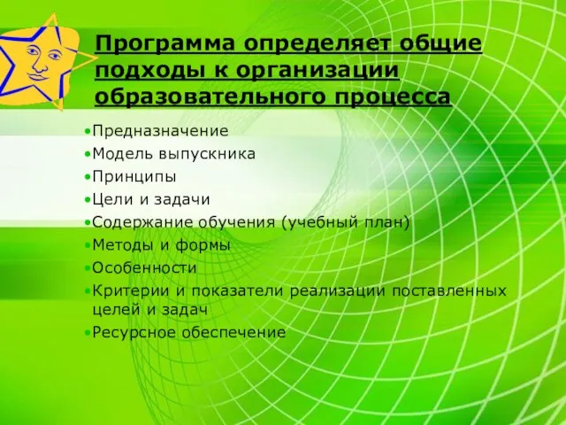 Программа определяет общие подходы к организации образовательного процесса Предназначение Модель выпускника Принципы