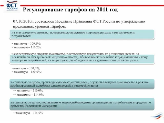 Регулирование тарифов на 2011 год 07.10.2010г. состоялось заседание Правления ФСТ России по
