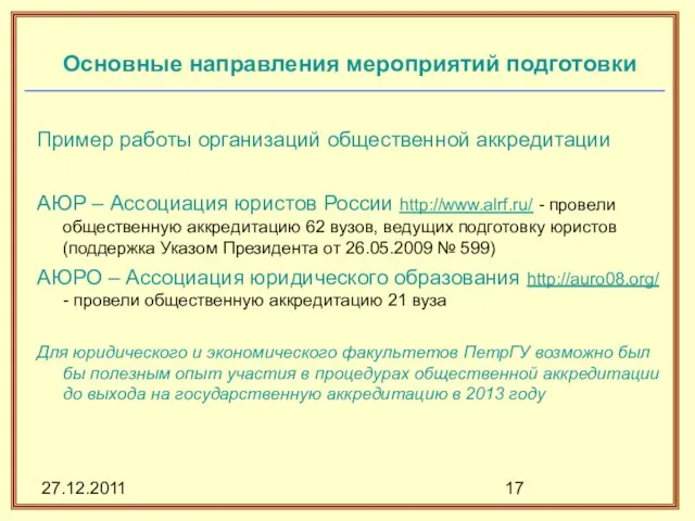 27.12.2011 Основные направления мероприятий подготовки Пример работы организаций общественной аккредитации АЮР –