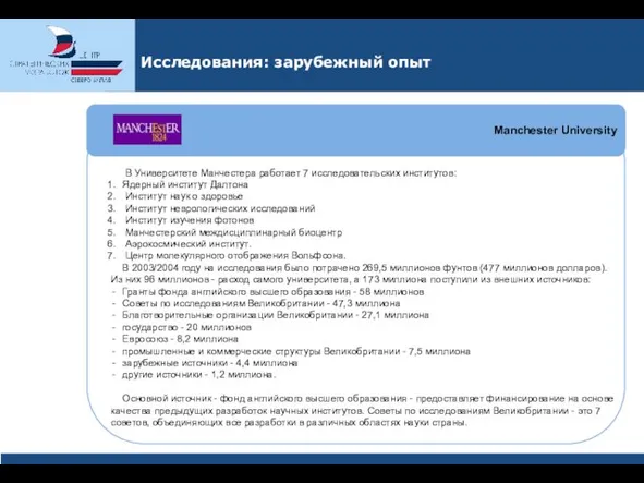 Исследования: зарубежный опыт В Университете Манчестера работает 7 исследовательских институтов: Ядерный институт