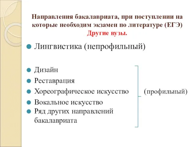 Направления бакалавриата, при поступлении на которые необходим экзамен по литературе (ЕГЭ) Другие