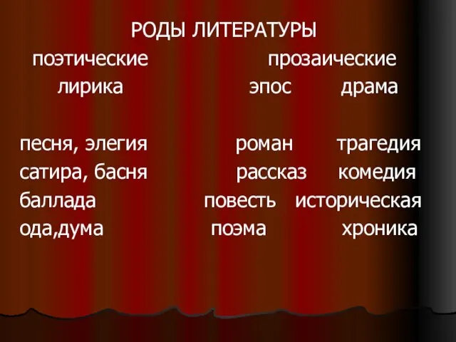 РОДЫ ЛИТЕРАТУРЫ поэтические прозаические лирика эпос драма песня, элегия роман трагедия сатира,