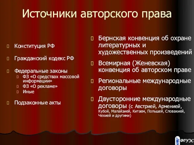 Источники авторского права Конституция РФ Гражданский кодекс РФ Федеральные законы ФЗ «О