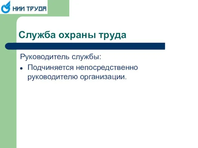 Служба охраны труда Руководитель службы: Подчиняется непосредственно руководителю организации.