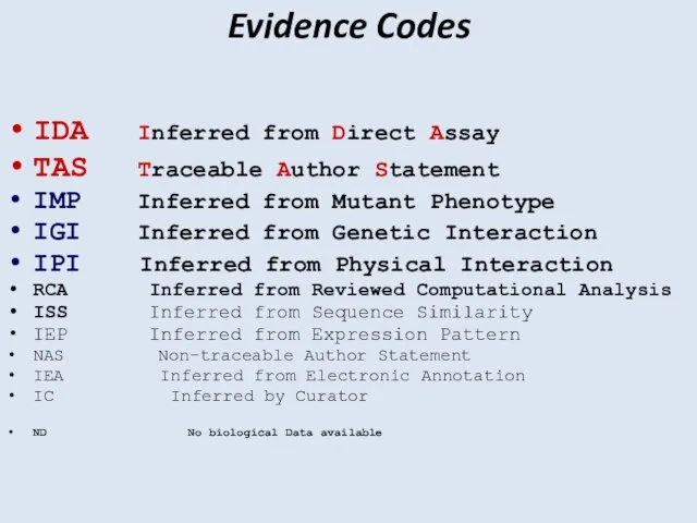 Evidence Codes IDA Inferred from Direct Assay TAS Traceable Author Statement IMP