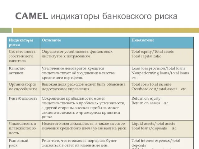 CAMEL индикаторы банковского риска