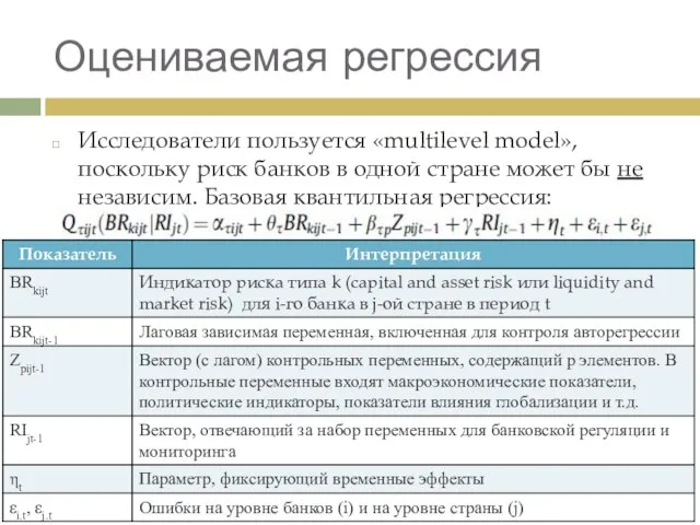 Оцениваемая регрессия Исследователи пользуется «multilevel model», поскольку риск банков в одной стране