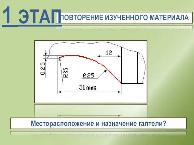 ПОВТОРЕНИЕ ИЗУЧЕННОГО МАТЕРИАЛА 1 ЭТАП Месторасположение и назначение галтели?