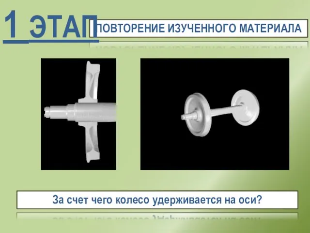 ПОВТОРЕНИЕ ИЗУЧЕННОГО МАТЕРИАЛА 1 ЭТАП За счет чего колесо удерживается на оси?