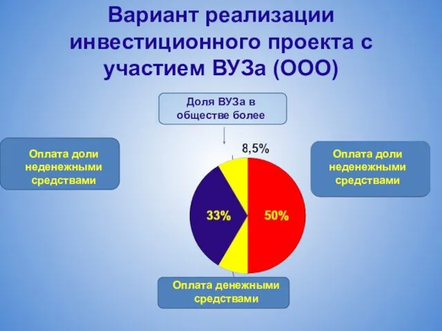 Вариант реализации инвестиционного проекта с участием ВУЗа (ООО) Оплата денежными средствами Оплата