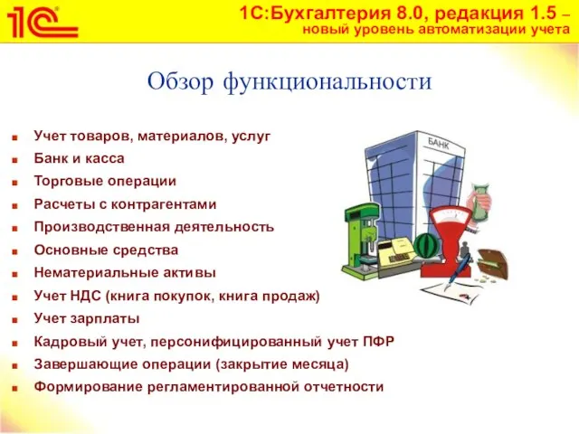 Обзор функциональности Учет товаров, материалов, услуг Банк и касса Торговые операции Расчеты