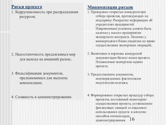 Риски проекта 1. Коррупционность при распределении ресурсов; 2. Недостаточность предлагаемых мер для