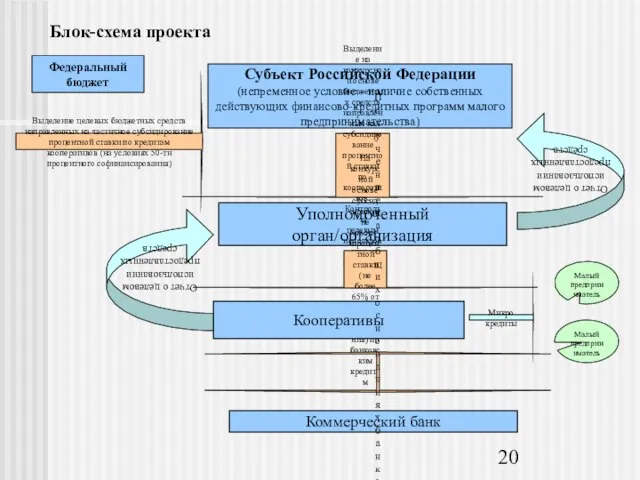 Блок-схема проекта Федеральный бюджет Уполномоченный орган/организация Выделение целевых бюджетных средств направленных на