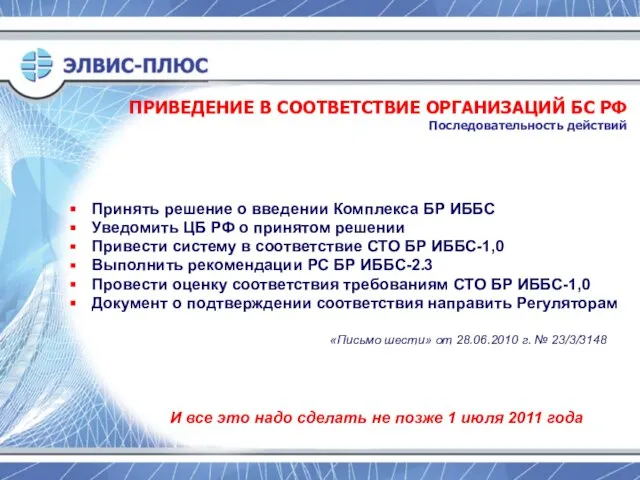 Принять решение о введении Комплекса БР ИББС Уведомить ЦБ РФ о принятом