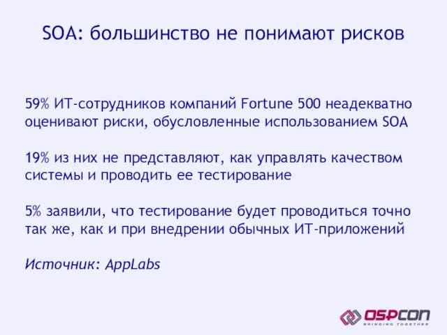 59% ИТ-сотрудников компаний Fortune 500 неадекватно оценивают риски, обусловленные использованием SOA 19%