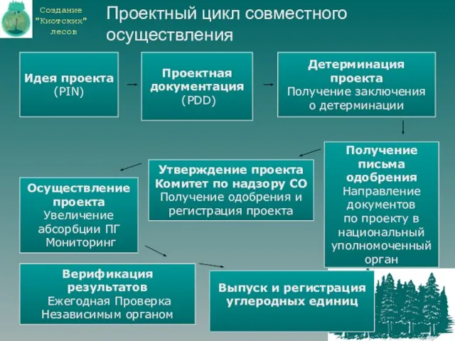 Проектный цикл совместного осуществления Идея проекта (PIN) Верификация результатов Ежегодная Проверка Независимым