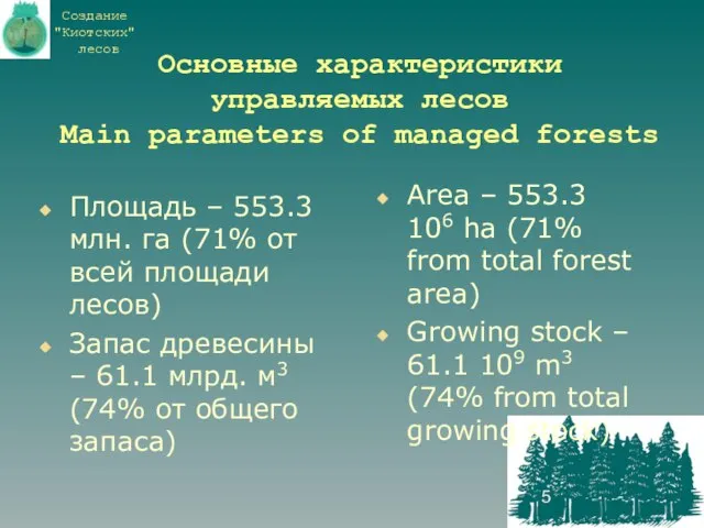 Основные характеристики управляемых лесов Main parameters of managed forests Площадь – 553.3