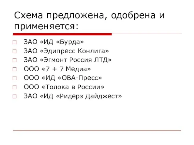 Схема предложена, одобрена и применяется: ЗАО «ИД «Бурда» ЗАО «Эдипресс Конлига» ЗАО