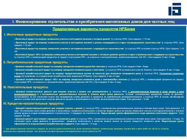 I. Финансирование строительства и приобретения малоэтажных домов для частных лиц Предлагаемые варианты