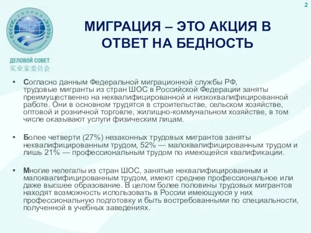 МИГРАЦИЯ – ЭТО АКЦИЯ В ОТВЕТ НА БЕДНОСТЬ Согласно данным Федеральной миграционной