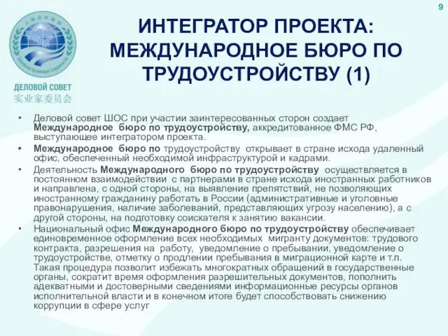 ИНТЕГРАТОР ПРОЕКТА: МЕЖДУНАРОДНОЕ БЮРО ПО ТРУДОУСТРОЙСТВУ (1) Деловой совет ШОС при участии