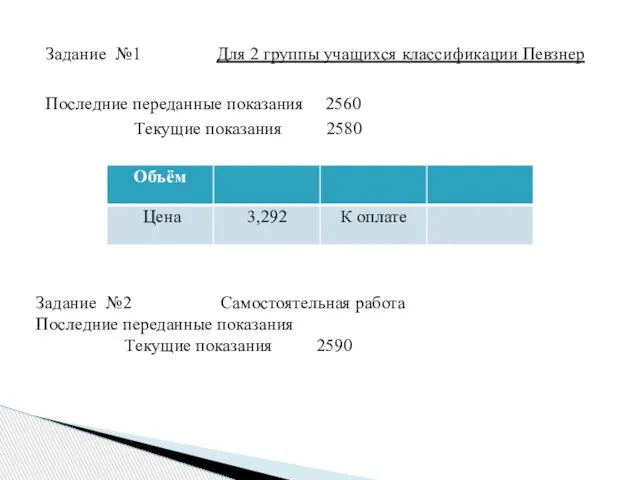 Задание №1 Для 2 группы учащихся классификации Певзнер Последние переданные показания 2560