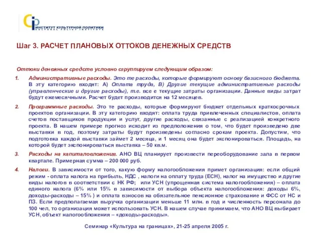 Семинар «Культура на границах», 21-25 апреля 2005 г. Шаг 3. РАСЧЕТ ПЛАНОВЫХ