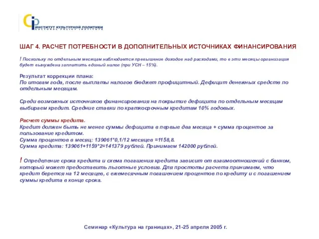 Семинар «Культура на границах», 21-25 апреля 2005 г. ШАГ 4. РАСЧЕТ ПОТРЕБНОСТИ